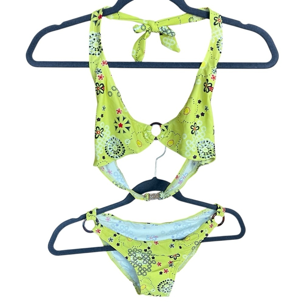 Lime Green Floral Print Halter Bikini